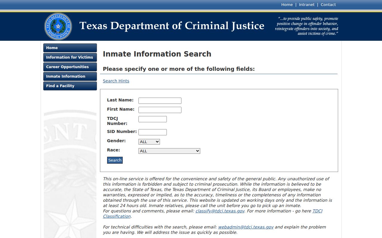 Reeves County arrest records TDCJ state inmate search fields