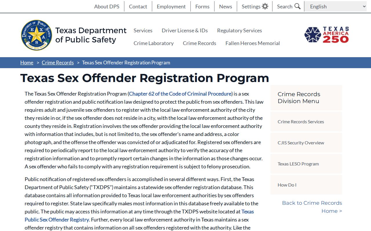 Texas registration program information for a Reeves County sex offender check