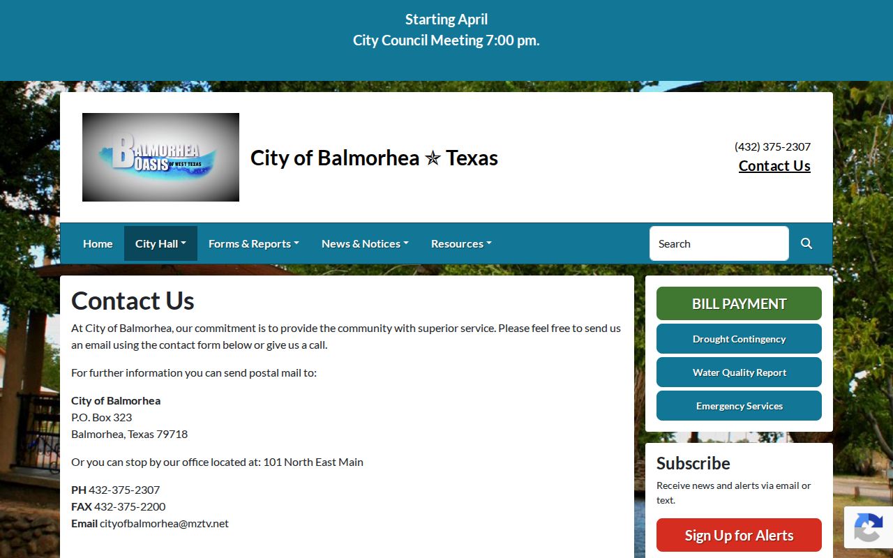 Balmorhea City Hall contact form used for city record routing